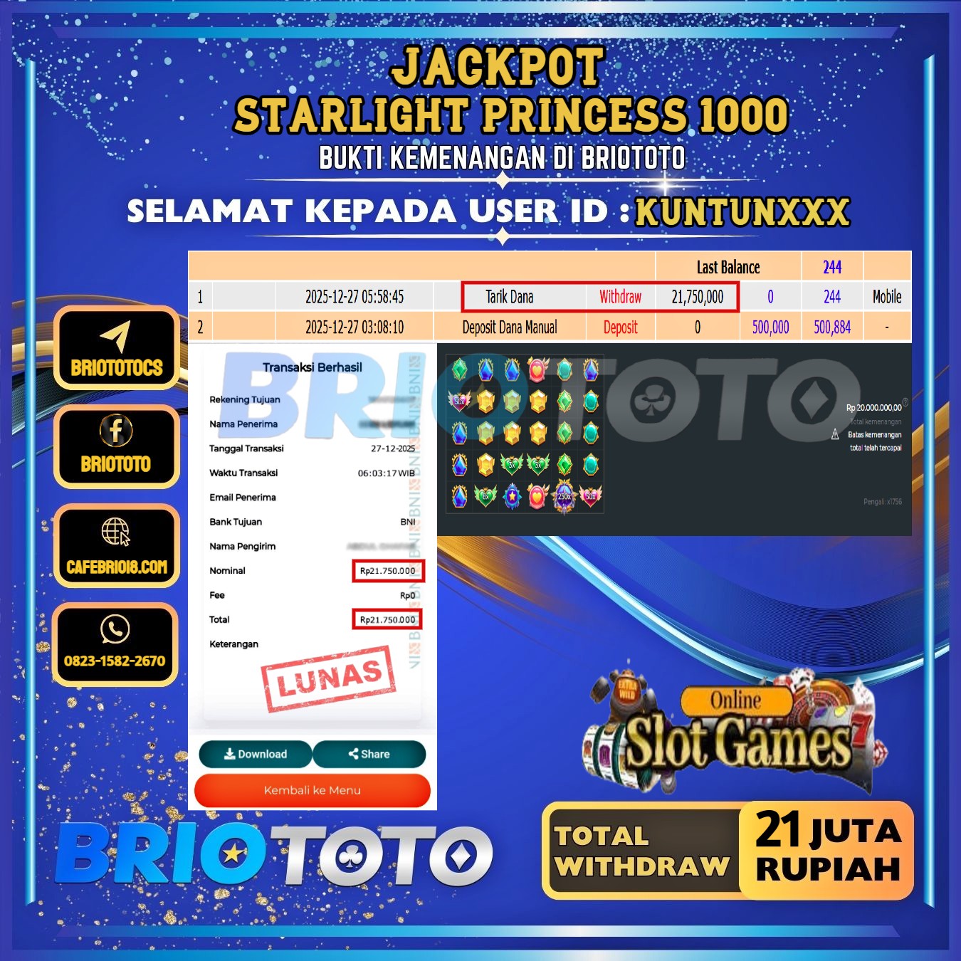 BRIOTOTO JACKPOT SLOT STARLIGHT PRINCESS 1000 RP.21.000.000,- LUNAS USER ID : KUNTUN****