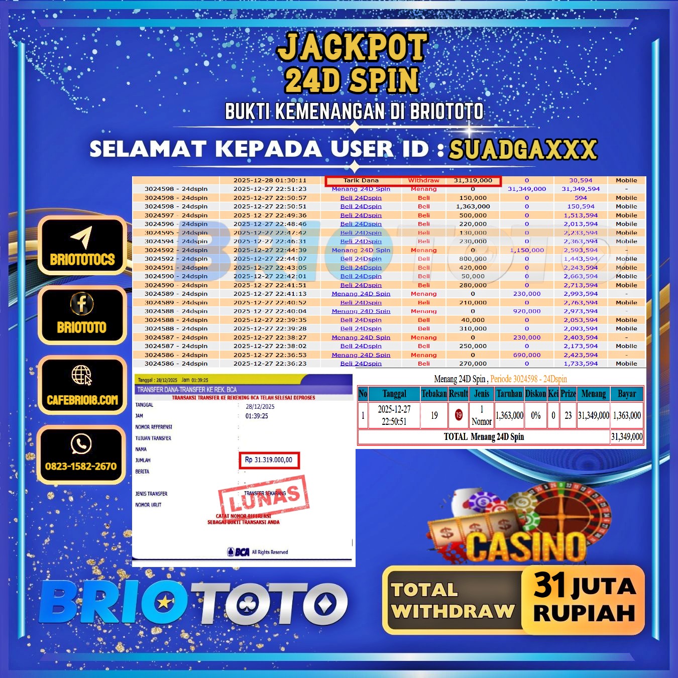BRIOTOTO JACKPOT LIVE GAME 24D SPIN RP.31.000.000,- LUNAS USER ID : SUADGA****