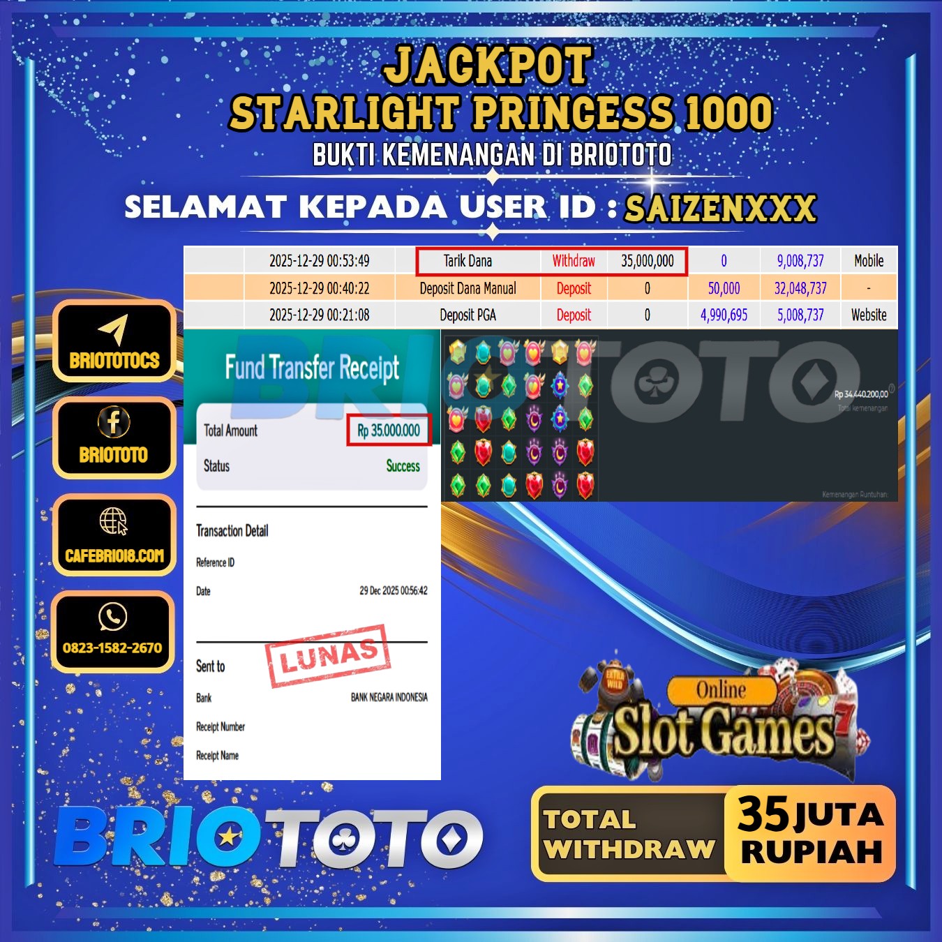 BRIOTOTO JACKPOT SLOT STARLIGHT PRINCESS 1000 RP.35.000.000,- LUNAS USER ID : SAIZEN****