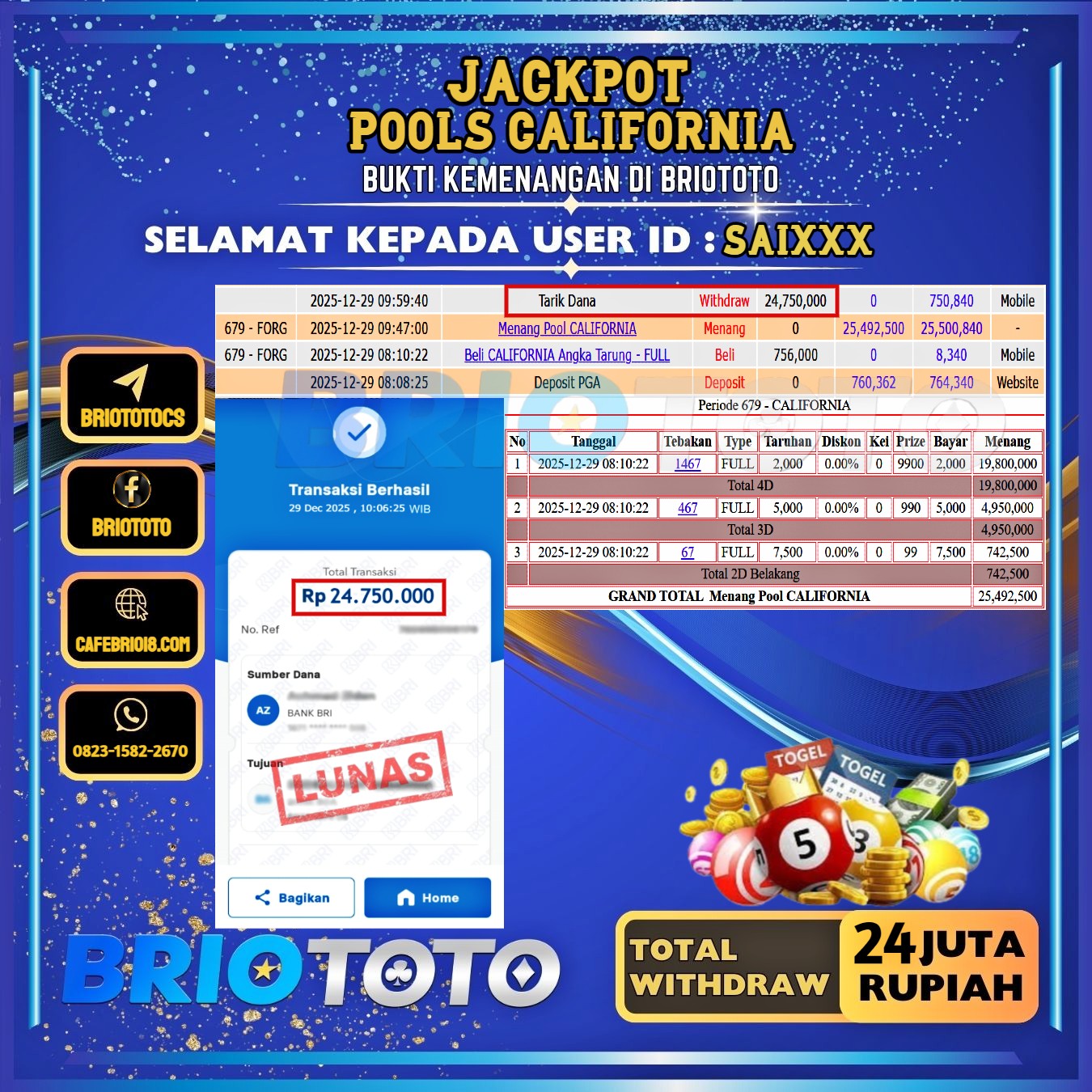 BRIOTOTO JACKPOT TOGEL CALIFORNIA RP.24.000.000,- LUNAS USER ID : SAI****